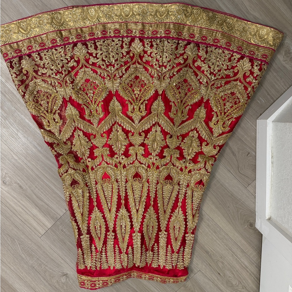 Red and Gold Embroidered Fabric skirt, tops and scarf